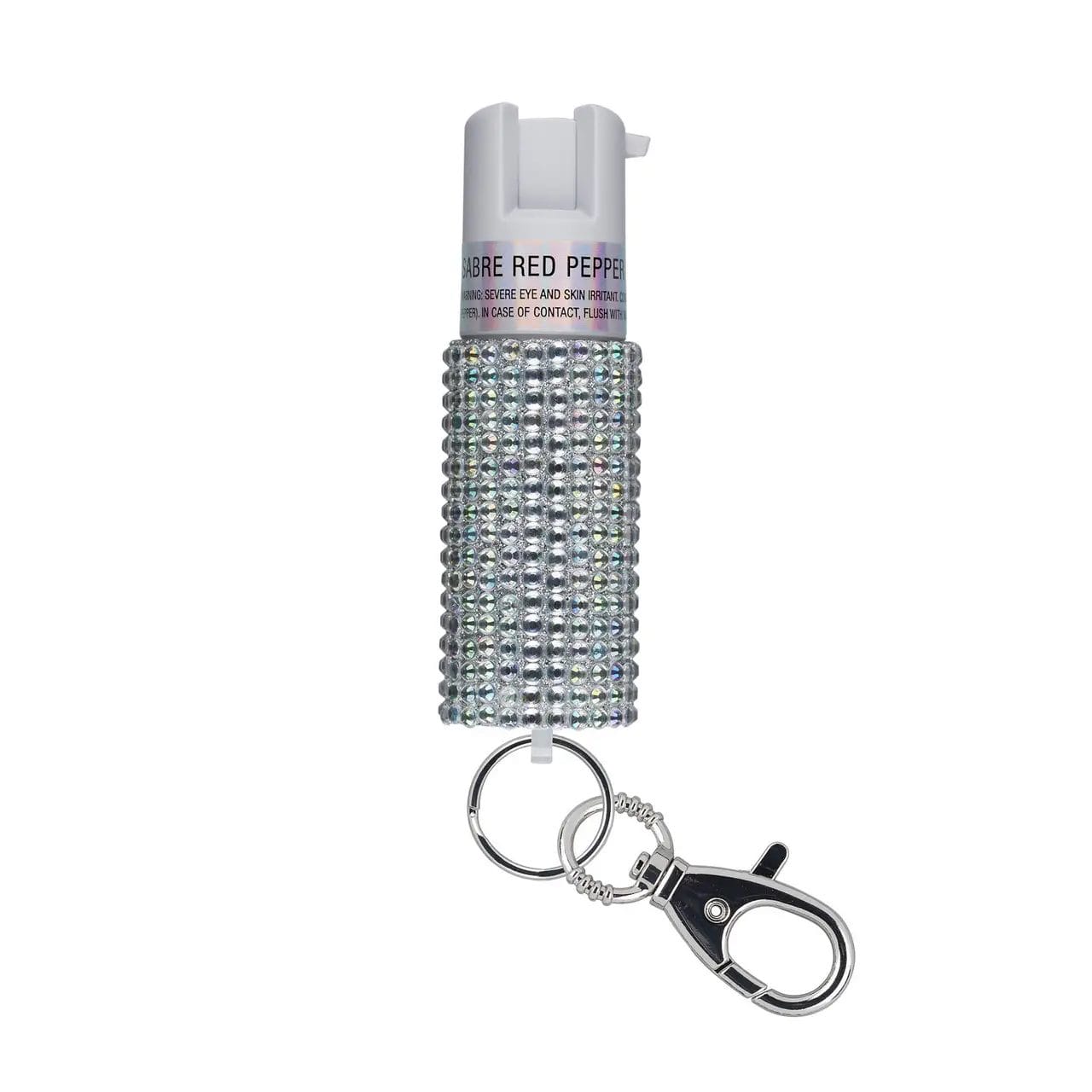 White Pepper Spray with Jeweled Design and Snap Clip (1) 0.54oz WHITE JEWELLED KEY RING - Image 1